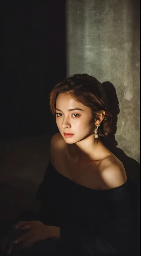 highest quality, masterpiece, ultra high resolution, (realistic:1.4), RAW photo, 1 girl, off shoulder, in the dark, deep shadow, discreet key, cold light