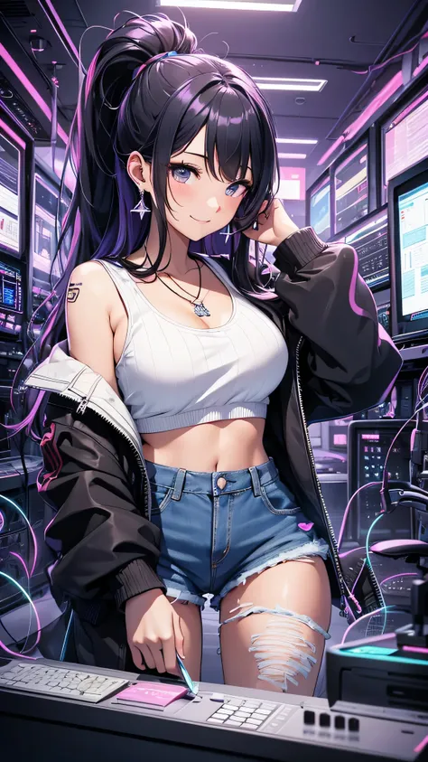 最high quality、best image quality、masterpiece、girl((20-year-old、 By becoming、vest bust、medium bust,wide open breast tea、shining eyes, neon hair、long hair、thin,highest valley、ponytail、Damaged Denim Shorts、black navel shirt、Damaged Denim Jacket、smile、full bod...