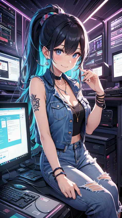 最high quality、best image quality、masterpiece、girl((20-year-old、 By becoming、vest bust、medium bust,wide open breast tea、shining eyes, neon hair、long hair、thin,highest valley、ponytail、Damaged Denim Shorts、black navel shirt、Damaged Denim Jacket、smile、full bod...