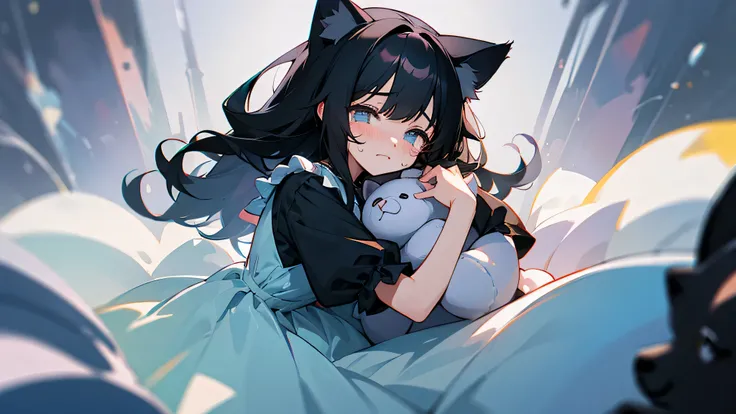 cute illustration、cat ears girl、black hair、Half crying、My eyes are watery、wearing a dress、hugging a teddy bear、