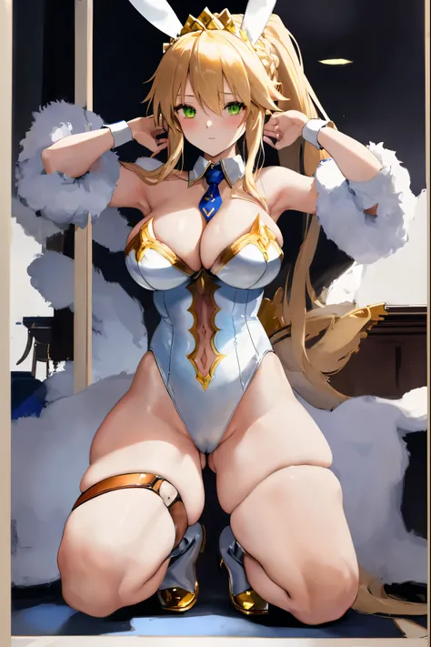 masterpiece, best quality, absurdres, looking at viewer, (light_smile:0.6),
1girl, ahoge, rabbit ears, playboy bunny, artoria pendragon (swimsuit ruler) (fate), large breasts , blonde hair, green eyes, french braid,  pony tail
bare shoulders, large breasts...