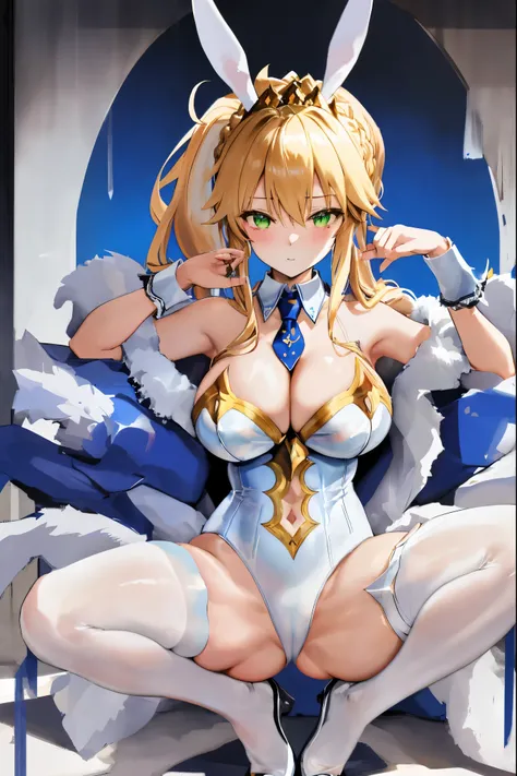 masterpiece, best quality, absurdres, looking at viewer, (light_smile:0.6),
1girl, ahoge, rabbit ears, playboy bunny, artoria pendragon (swimsuit ruler) (fate), large breasts , blonde hair, green eyes, french braid,  pony tail
bare shoulders, large breasts...