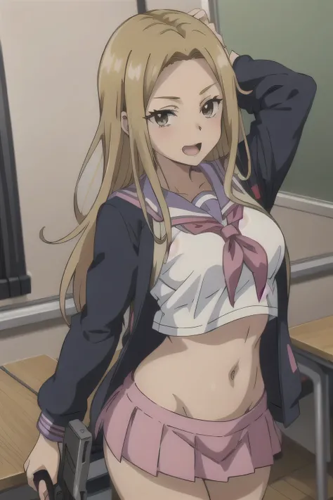 1girl, solo, yuuki asami,
looking at the viewer, medium breasts, gyaru,
brown eyes, blonde hair, long hair, masterpiece, best quality, highly detailed, a anime girls in sailor uniforms with a gun posing for a picture,
evil smile, smile, open mouth,black_se...