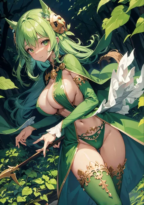 fantasy, 1forest_elemental_girl,(dark_skin:1.1), (using_leaves_clothes:1.1), green_leaves_covered_breasts, leaves_covered_pussy,covered_nipples,(gigantic_heavy_tits:1.1), walking, smile, sleepy, medium_hair, navel oil, (winding_vine_around_torso:1.1), fore...