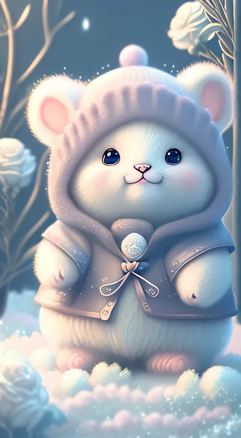 In this ultra-detailed CG art, Cute little bear surrounded by elegant roses, Ha ha聲, better quality, high resolution, intricate details, fantasy, adorable animal, purple, humor, open mouth!! Ha ha!!!