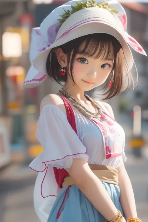 ((sfw: 1.4)), (sfw,she is wearing a long white embroidered skirt, a red blouse with lace, a white apron tied around her waist, b...