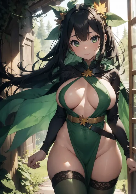 fantasy, 1forest_elemental_girl,(dark_skin:0.9), (using_leaves_clothes:1.1), green_leaves_covered_breasts, leaves_covered_pussy,covered_nipples,(gigantic_heavy_tits:1.1), walking, smile, sleepy, medium_hair, navel oil, (winding_vine_around_torso:1.1), fore...