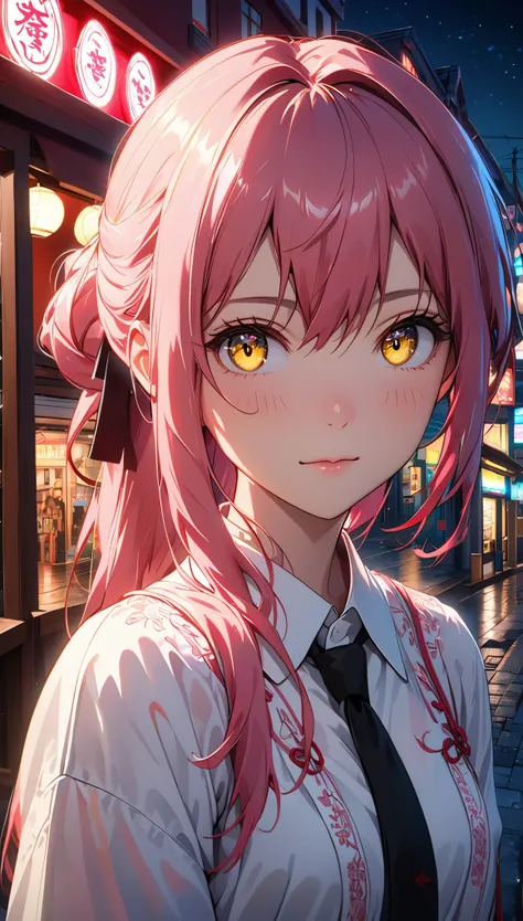 1 girl, long pink hair, red corner, white collar shirt, black tie, faint smile, yellow eyes, horny_strength,, building,shop,town streets, dark sky, landscape,neon lights,night city, Japanese lyrics,, , Ridiculous, delicate eyes, Very detailed, Volumetric l...