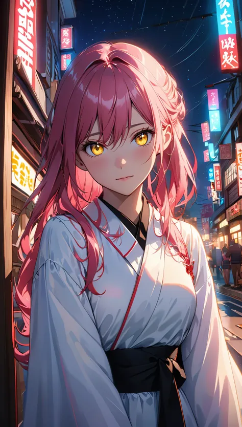 1 girl, long pink hair, red corner, white collar shirt, black tie, faint smile, yellow eyes, horny_strength,, building,shop,town streets, dark sky, landscape,neon lights,night city, Japanese lyrics,, , Ridiculous, delicate eyes, Very detailed, Volumetric l...