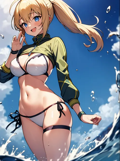 masterpiece,(ultra-detailed),1girl, mysterious heroine xx (fate), smile,open mouth, swimsuit, white bikini, side-tie bikini bottom, shrug (clothing), jacket,  thigh strap, wristband,  large_breasts, ocean, splashing,blonde_ponytail,open_legs,