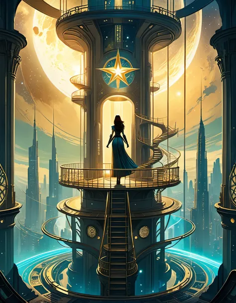 in style of Dan Seagrave, beautiful details，in style of Caia Koopman, beautiful details，Star Observation Tower，Heroine，Ancient，Retro，