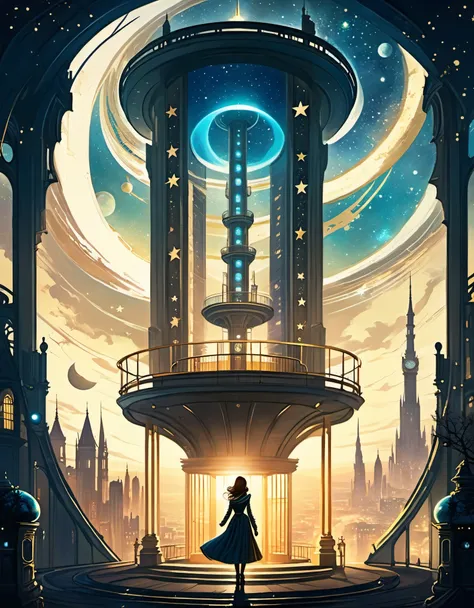 in style of Caia Koopman, beautiful details,Star Observation Tower,Heroine,Ancient,Retro,