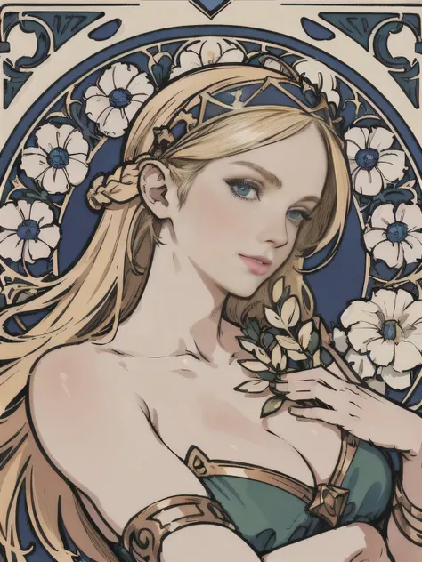 1girl, lux from leagueoflegends, lux lol, face portrait of a  girl, long hair, blond, ultra-detailed hairstyle, green eyes, hair band, face focus,
floral frame, Decorative panels, abstract artistic, by Alphonse Mucha,
(Masterpiece, Best Quality, Highres:1....