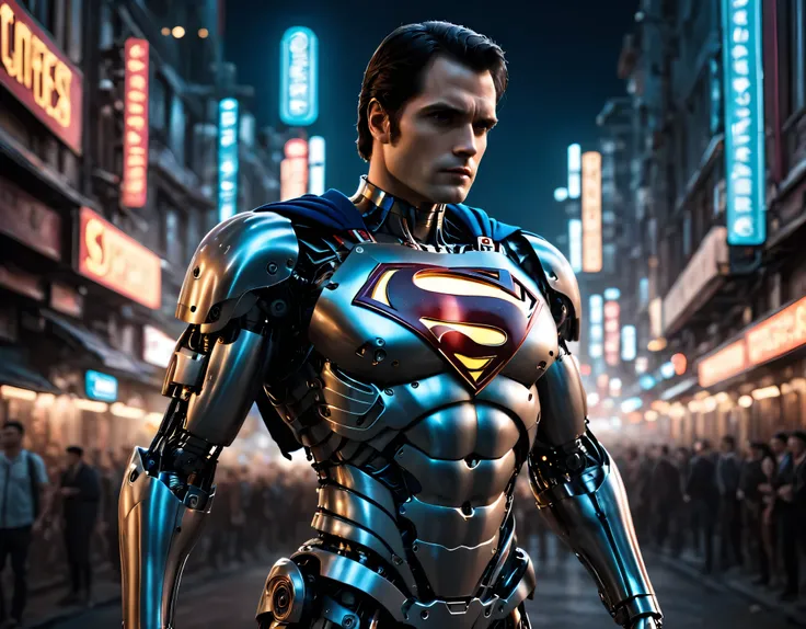 realistic photo, masterpiece, cinematic, superman as a mechanical robot, visible mechanical parts in superman's body, half robot...