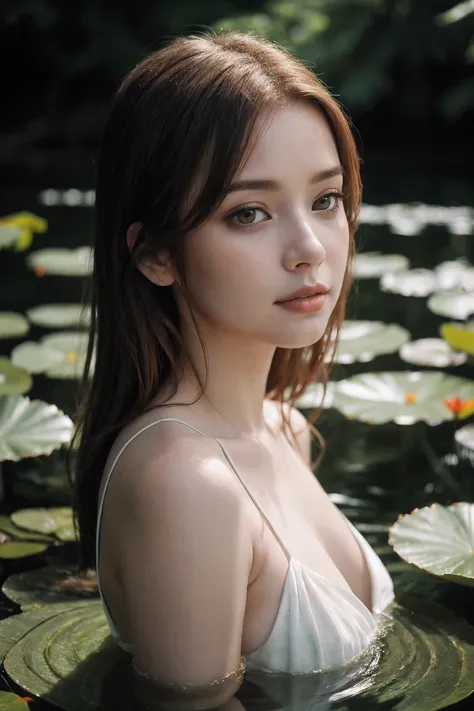 forest lily pond, Ginger woman relaxing in water, nervous expression, upper body portrait, pure white cloth, nature, corolla, eye contact, Breathtaking scenery, summer, See deeply, vignette, Very detailed, high budget hollywood movies, Bokeh, Cinemascope, ...