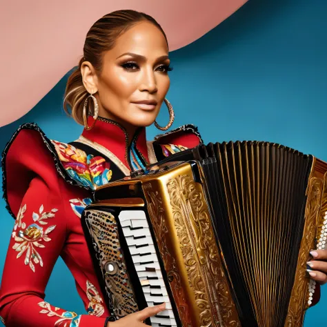 Jennifer Lopez, dressed as a mariachi with an accordion in her hands, 24k super resolution, ultra sharp 