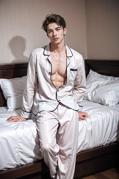 realistic photography, handsome young man ,loose pajamas ,lovely bedroom