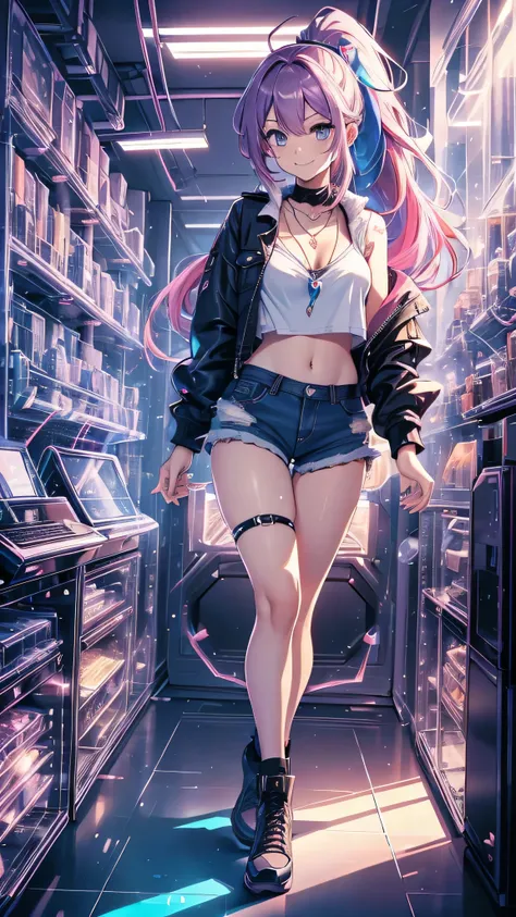 最high quality、best image quality、masterpiece、girl((20-year-old、 By becoming、vest bust、medium bust,wide open breast tea、shining eyes, neon hair、long hair、thin,highest valley、ponytail、Damaged Denim Shorts、black navel shirt、Damaged Denim Jacket、smile、full bod...