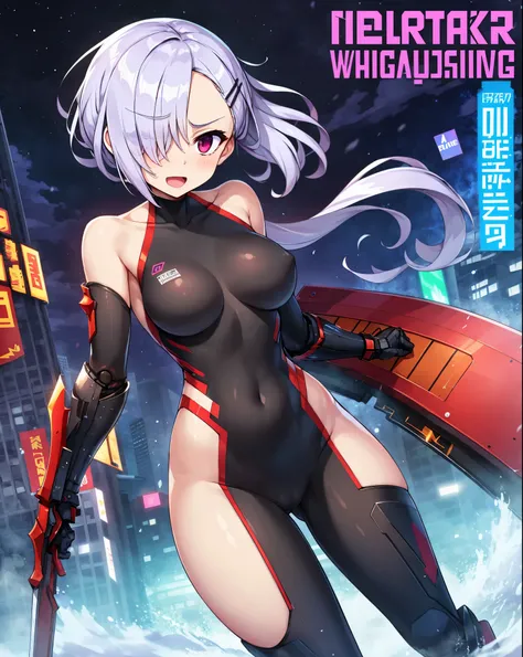 ,1girl,(teen:1.5), (short_ponytail:1.3), (light_whitish_purple_hair:1.3),black_mechanical_armor_parts,white_breasts_parts_red_black_body_suit,bare_shoulder,bare_slender_thighs,medium_breasts,city_background,Stinging_eyes,sleepy,thighhigh_greaves,gauntlets,...