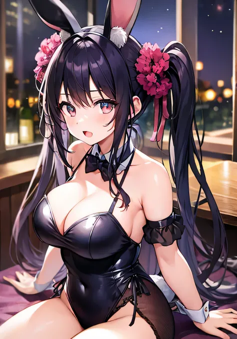 masterpiece、best image quality、ultra high resolution、teenage girl with big breasts、twin tail hairstyle、black hair、red face、shyly、Open your mouth just a little、Bunny girl costume that shows cleavage、rabbit ears headgear、beautiful feet、Inside the bar with a ...