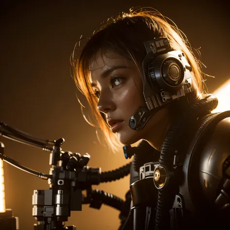 alone, alone focus, Masterpiece close-up portrait of a woman wearing tactical gear on Tatooine architecture, light, Caustics, Mechanical Parts, wiring, robot, metal jaws