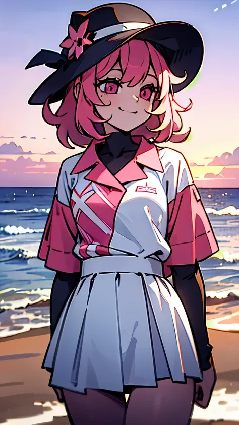 beach，seaside，Sunset，pink hair，pink eyes，Smile，white shirt