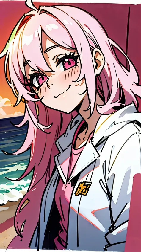 beach，seaside，Sunset，pink hair，pink eyes，Smile，white shirt