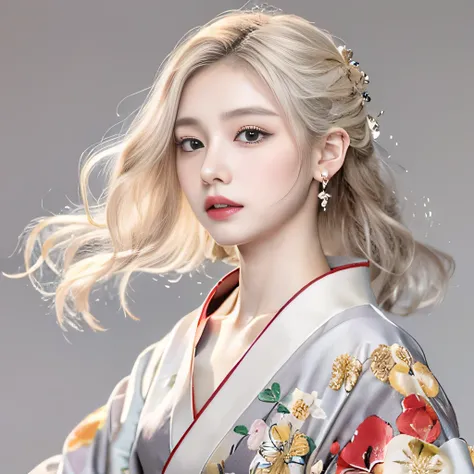 （8k）、（best image quality:1.5）、gray background、close up of face、１girl、masterpiece、delicate and sharp eyes、brown eyes、eye power、delicate face、cup、fascinating face、platinum blonde hair、Semi-long wave、japanese kimono、white kimono、Kimono with visible collarbone...