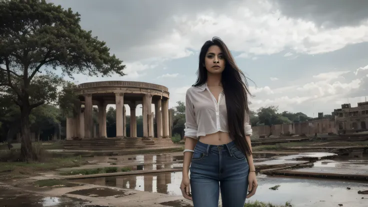 beautiful Indian  Woman, look at viewer, long hair, shirt, jeans, cloud, day, sky, outdoors, post-apocalypse, ruins, scenery, tree, water,