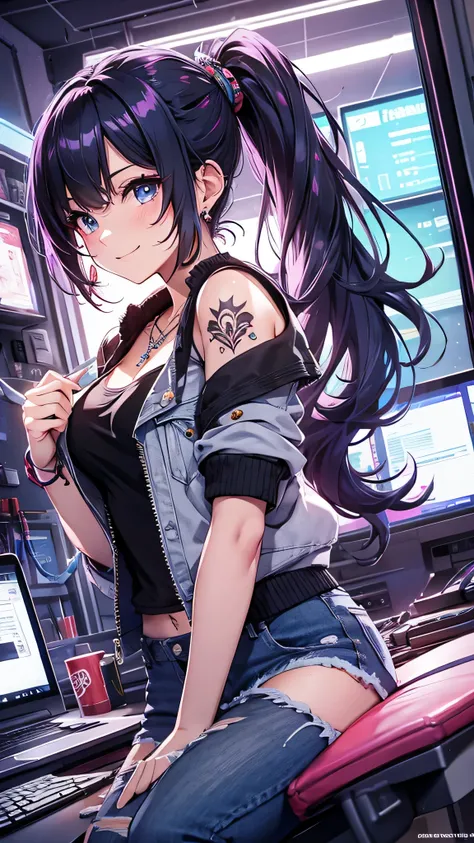 最high quality、best image quality、masterpiece、girl((20-year-old、 By becoming、vest bust、medium bust,wide open breast tea、shining eyes, neon hair、long hair、thin,highest valley、ponytail、Damaged Denim Shorts、black navel shirt、Damaged Denim Jacket、smile、full bod...