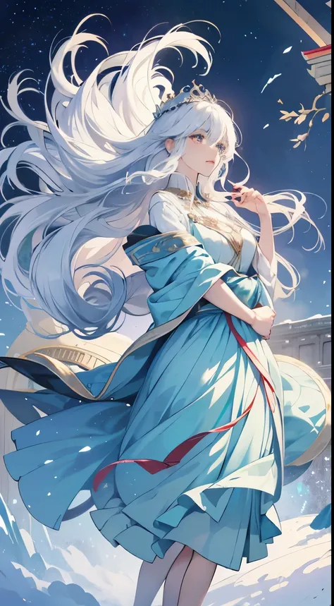 anime girl with long white hair and a blue dress in the snow, white haired deity, white hair floating in air, anime fantasy illustration, flowing white hair, beautiful young wind spirit, beautiful fantasy anime, glowing flowing hair, ethereal anime, beauti...