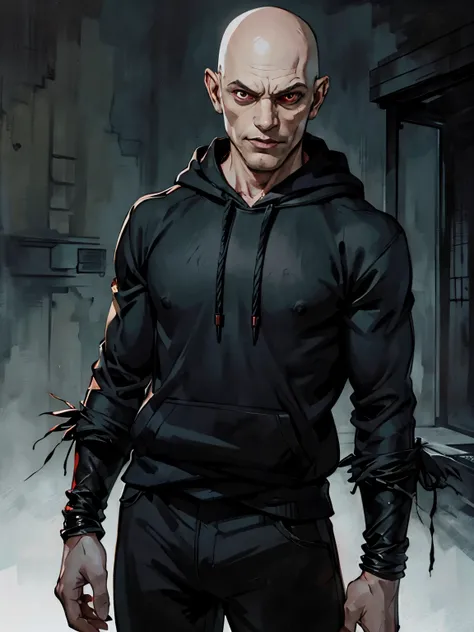 masterpiece, best quality, high resolution, draw, comic, hyper realism, a man, alone, bald, tall, strong and athletic body, pale skin, sickly skin, vampire, nosferatu, ((red eyes)), fangs, ((wearing black hoody)), very soft light, black night, concept art,...