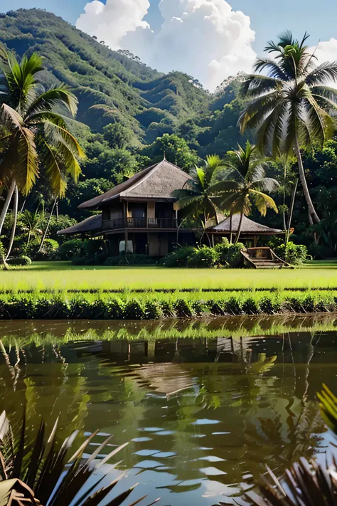 Coconut plantation house with rice field