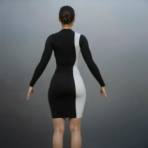 ((Beautiful brown girl, (KIKI Layne), Kylie Jenner, Maitreyi Ramakrishnan, Jessica Alba, 18 years)), big booty, beautiful soft thighs, beautiful legs, wearing black and white cotton-Lycra tight turtleneck long-sleeved dress, Vibrant, vivid, shadows, lumen,...