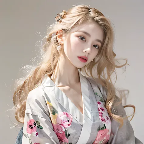 8k）、（best image quality:1.5）、gray background、close up of face、１girl、masterpiece、delicate and sharp eyes、brown eyes、eye power、delicate face、cup、fascinating face、platinum blonde hair、Semi-long wave、japanese kimono、white kimono、Kimono with visible collarbone、...