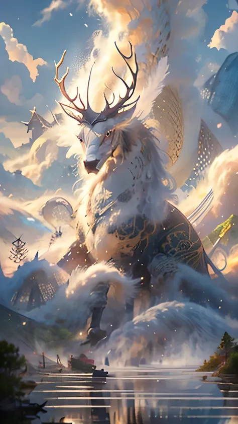 Please according to《Classic of Mountains and Seas》Record，draw unicorn。Has a faucet、Characteristics of dragon horns，The antlers are sinuous and gorgeous，Eyes of deep wisdom，Wide nose bridge，His face exudes kindness and majesty。Its body is shaped like a deer...