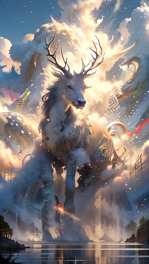 Please according to《Classic of Mountains and Seas》Record，draw unicorn。Has a faucet、Characteristics of dragon horns，The antlers are sinuous and gorgeous，Eyes of deep wisdom，Wide nose bridge，His face exudes kindness and majesty。Its body is shaped like a deer...