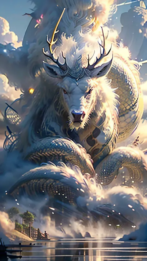 Please according to《Classic of Mountains and Seas》Record，draw unicorn。Has a faucet、Characteristics of dragon horns，The antlers are sinuous and gorgeous，Eyes of deep wisdom，Wide nose bridge，His face exudes kindness and majesty。Its body is shaped like a deer...