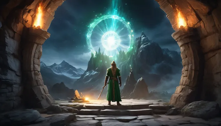 realistic picture, dark fantasy atmosphere, Three Shot (3-Shot), A powerful mage is standing in front of a portal he is opening to another world, he is followed by several heroes of different races (human, elf, dwarf, lowlander), a stone cave inside a cita...