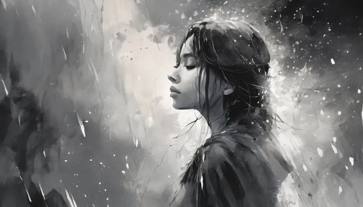 Abstract (black and white) watercolor painting of a girl crying in the rain, and allowing water to drip, masterpiece, in the style of Andy Warhol