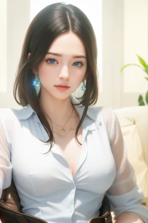 Beautiful big breastokeh), indoors, detailed luxury living room, gentle and charming beautiful goddess, Korean(kpop-idol), solo, necklace, oval face, double eyelids, smart, good hands, good feet, Natural, (from below angle), (glossy skin:1.05), ((low angle...