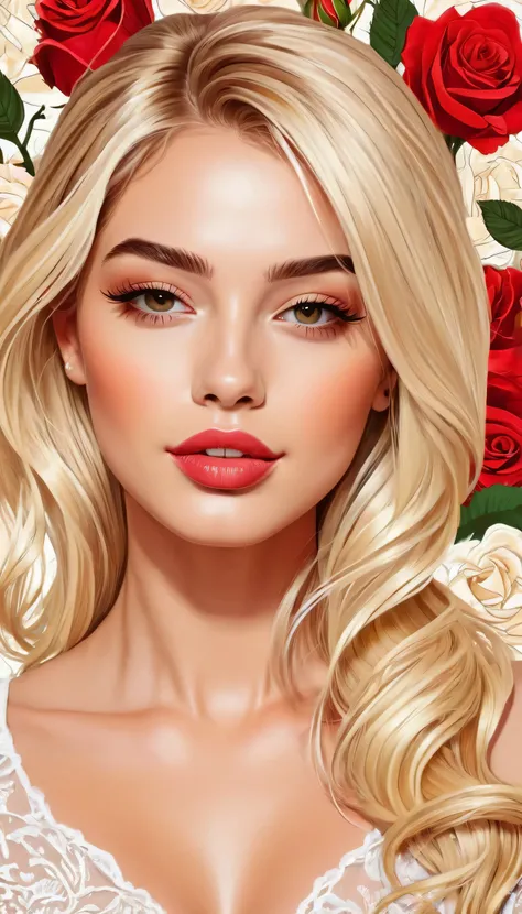 Pretty girl with blond hair, detailliert, Digitale Zeichnung, Rosen im Hintergrund --v