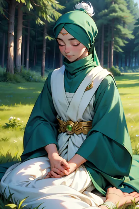 In the tranquil Ghibli-style scene, a beautiful young lady sits gracefully on the lush, emerald-green grass. She meticulously corrects her clothing, her delicate fingers gliding over the fabric with care. Her serene expression is one of focus and contentme...