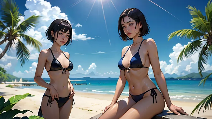 ((highest quality, masterpiece, High resolution)), ((reality)),Photos of beautiful Japanese women, (((three girls))), normal size breasts, slim body shape,  medium short hair, double eyelid, Wet see-through bikini,  realistic skin、Wet,whole body,No zoom,No...