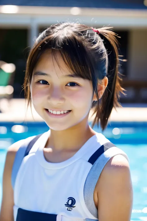 Beautiful 12 year old Japanese girl), cute face, (deeply carved face:0.7), (freckles:0.6), dramatic lighting, shy, pony tail, (smile), (sparkling eyes), slender, pool, white A-shurt