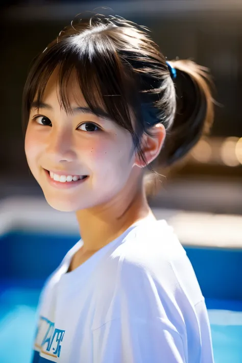 Beautiful 12 year old Japanese girl), cute face, (deeply carved face:0.7), (freckles:0.6), dramatic lighting, shy, pony tail, (smile), (sparkling eyes), slender, pool, white A-shurt