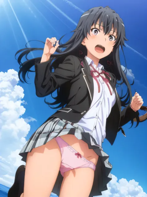 2 girls ,(old high quality) ,Yukinoshita Yukino , Yuigahama Yui , Ocean,jump , embarrassed face,Low - Angle,school uniform,(check skirt),(The wind flips up my check skirt),(hold check skirt with hand),thighs,(white panties),(pink panties),