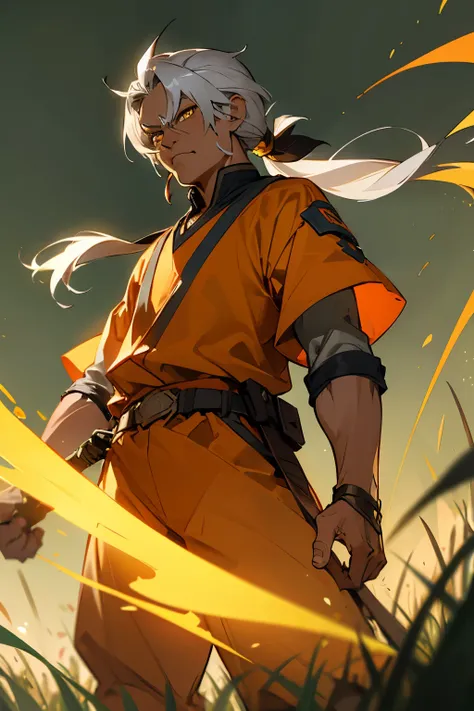 avatar, gray hair, old man, orange outfit, yellow eyes, dark skin, grass background, pony tail, golden aura