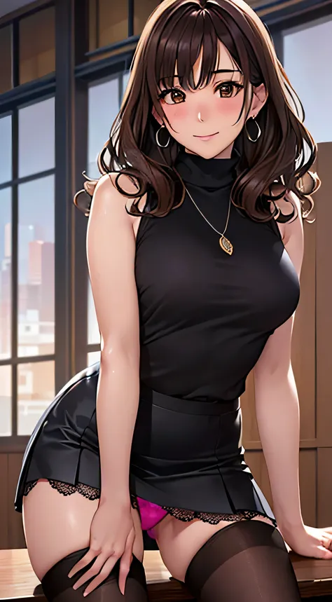 (table top, highest quality, High resolution, , perfect pixel, 4k,), 1 girl, single, alone, Beautiful woman、I could see the whole body、 ((wavy middle hair, bangs, brown hair)), ((brown eyes, beautiful eyelashes, realistic eyes)), ((detailed face, blush:1.2...