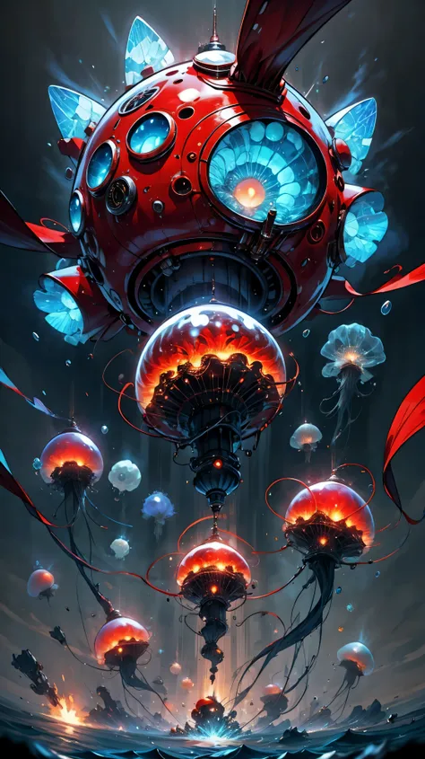 sphere-shaped bomb jellyfish, vibrant red, explode, red jellyfish structure, bomb, hd, ultra-clear